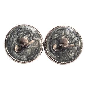 Vintage Western Cowboy Hat Stud Earrings Silver Tone Metallic Gray Enamel
